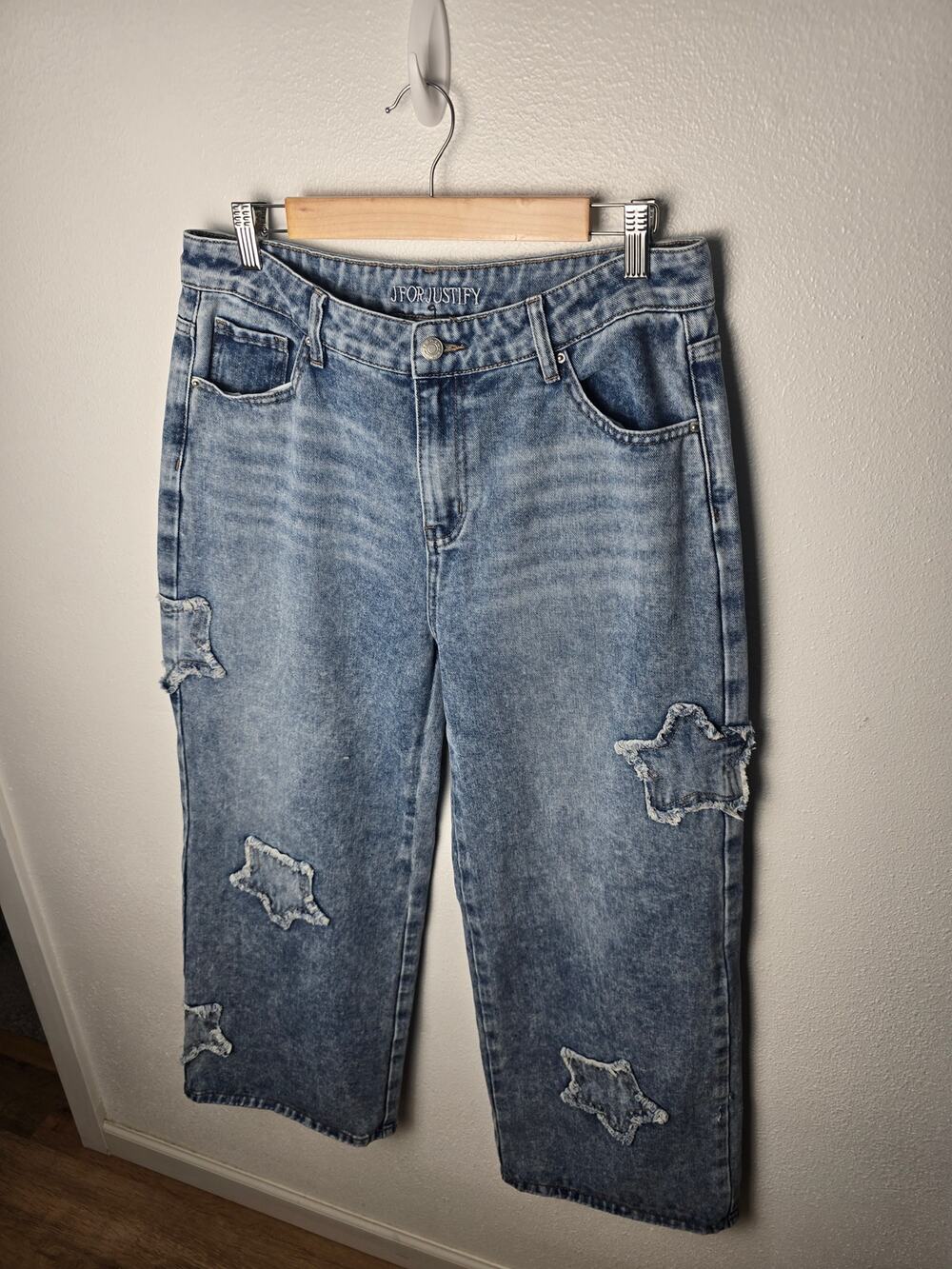 J For Justify Star Patch Jeans Womens Wide Leg Light Wash Distressed Y2K